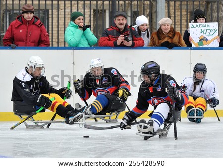 MOSCOW - FEBRUARY 14: Sledge hockey players taking part in promotional game during \