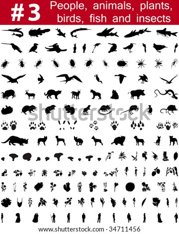 Set # 3. Big collection of collage vector silhouettes of people, animals, birds, fish, flowers and insects