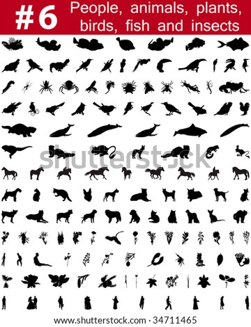 Set # 6. Big collection of collage vector silhouettes of people, animals, birds, fish, flowers and insects