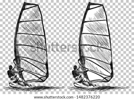 Windsurfing Sketch. Transparency Grid Background Design. Vector Illustration.