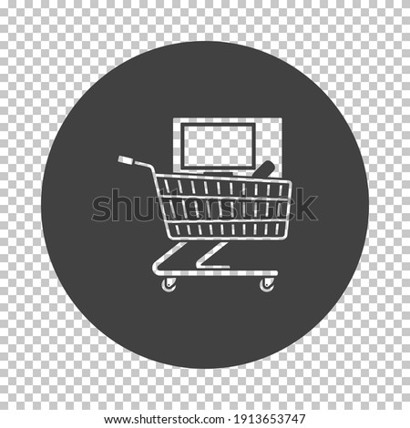 Shopping Cart With PC Icon. Subtract Stencil Design on Tranparency Grid. Vector Illustration.