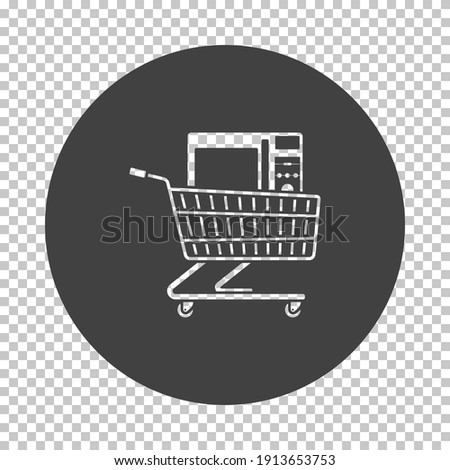 Shopping Cart With Microwave Oven Icon. Subtract Stencil Design on Tranparency Grid. Vector Illustration.