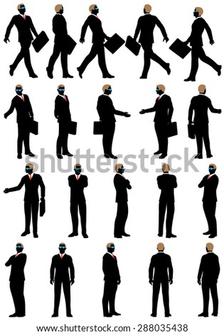 Set of  Elegant Businessmen Silhouettes with Glasses and Briefcase. High Detail with removable spectacles. Vector illustration.
