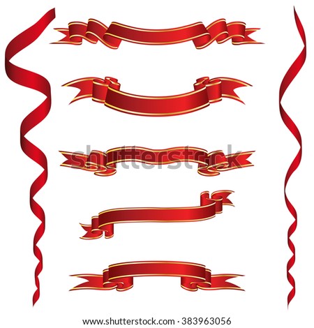Set Of Red Ribbons With Golden Stripes. Vector Illustration