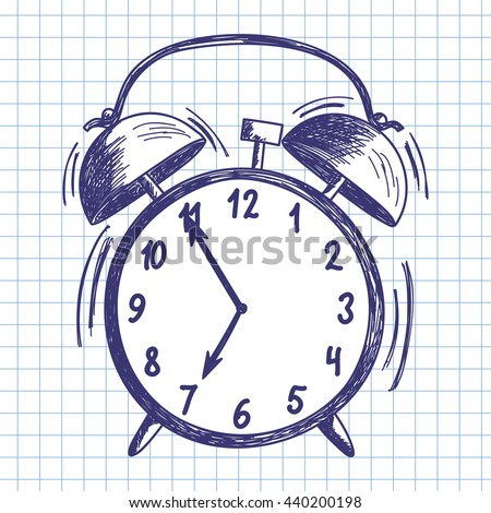 Alarm clock. Doodle sketch on checkered paper background. Vector illustration.