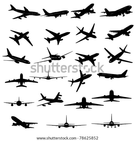 Big Set of Different Kind of Airplanes Silhouettes. In Flight, Running, Takeoff, Landing, Front, Profile, Back, Up and Bottom Views. High Detail, Very Smooth. Vector Illustration. 