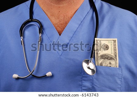 doctor or nurse with stethoscope and 100 dollar bill in pocket