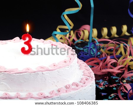 Birthday-anniversary cake with red candles showing Nr. 3