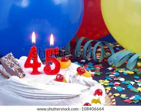 Birthday-anniversary cake with red candles showing Nr. 45
