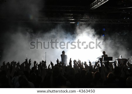 Cheering crowd at concert, musicians on the stage