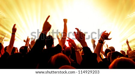 cheering crowd in front of bright stage lights