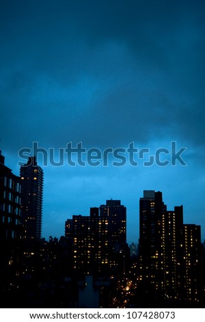 Cloudy, blue rainy sunset on the Upper East Side of Manhattan.
