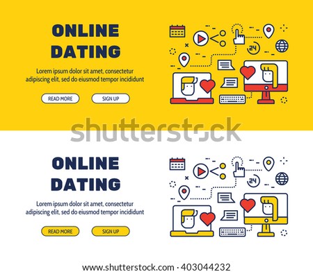 Flat line icons design of ONLINE DATING and elements illustration concept for website banner, printing , book cover and corporate documents.