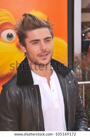 LOS ANGELES, CA - FEBRUARY 19, 2012: Zac Efron at the world premiere of his new animated movie \