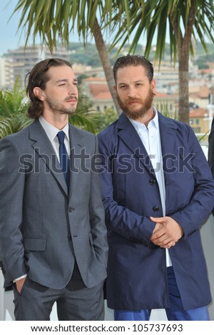 CANNES, FRANCE - MAY 19, 2012: Shia LaBeouf & Tom Hardy (right) at the photocall for their new movie 
