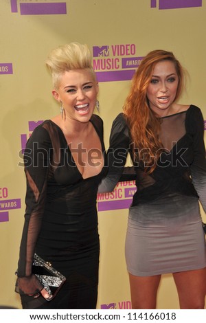LOS ANGELES, CA - SEPTEMBER 6, 2012: Miley Cyrus & Brandi Cyrus at the 2012 MTV Video Music Awards at Staples Center, Los Angeles.