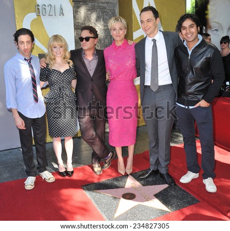 LOS ANGELES, CA - OCTOBER 29, 2014:  Kaley Cuoco & co-stars from The Big Bang Theory - Johnny Galecki, Jim Parsons, Simon Helberg, Kunal Nayyar & Melissa Rauch - at her star ceremony on Walk of Fame.