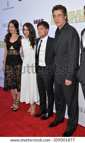 LOS ANGELES, CA - JUNE 22, 2015: Laura Londono (left), Claudia Traisic, Josh Hutcherson & Benicio Del Toro at the premiere of their movie \