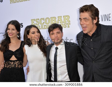 LOS ANGELES, CA - JUNE 22, 2015: Laura Londono (left), Claudia Traisic, Josh Hutcherson & Benicio Del Toro at the Los Angeles premiere of their movie \