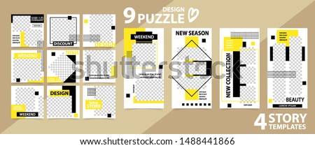 Trendy editable template for social networks stories and posts, vector illustration. Set of story and puzzle post square frame. Mockup for advertising.  Design backgrounds for social media.