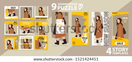 Trendy editable template for social networks stories and posts, vector illustration. Set of story and puzzle post square frame. Mockup for advertising.  Design backgrounds for social media.