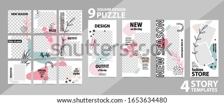 Trendy editable template for social networks stories and posts, vector illustration. Set of story and puzzle post square frame. Mockup for advertising.  Design backgrounds for social media.