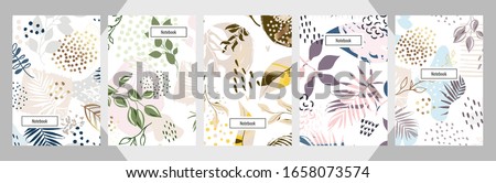 Modern abstract floral art vector notebook background. Hand draw template leaves and line art background for paper, cover, fabric, interior decor.