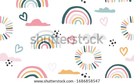 Seamless vector pattern with hand drawn rainbows and sun Trendy baby texture for fabric textile wallpaper apparel wrapping