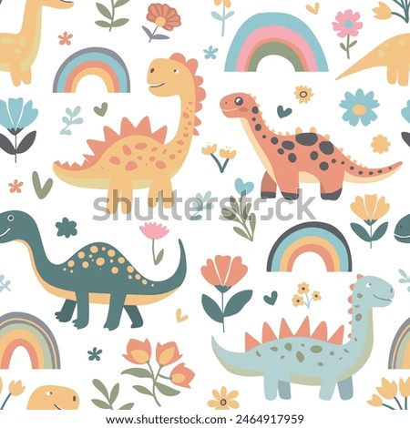 Seamless pattern with hand drawn dinosaurs dino flowers. Trendy vector baby texture for fabric, textile, wallpaper, apparel, wrapping