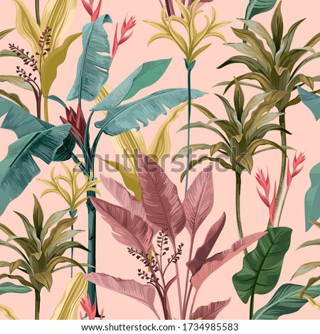 
Seamless pattern with banana leaves and flowers.