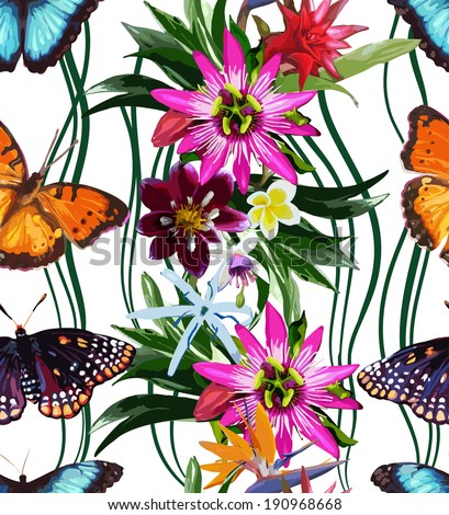 seamless pattern of butterflies and exotic flowers