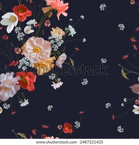 Vector seamless rococo style pattern . Retro flowers. Faded colours of the bouquet. Print for textiles, wallpaper, packaging and surfaces.