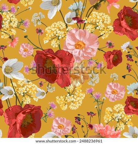 Vector Seamless Pattern. Garden flowers. Magical flowers on yellow background. Realistic vector image. Print for all types of surfaces. Trendy print. 