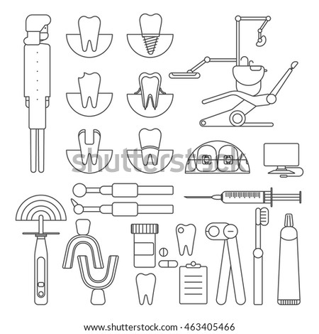 Dentist tools equipment and hygiene clinic dentist tools. Dentist tools instrument surgeon.  Linear dental instruments set dentist tools concept vector illustration.