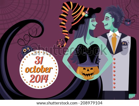 Halloween party invitation template. Stylized illustration with two zombies. 