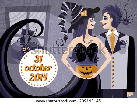 Halloween party invitation template. Stylized illustration with two zombies. 