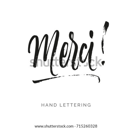 Merci. French word meaning thank you. Custom hand lettering for your design. Can be printed on greeting cards, paper and textile designs, etc. Foto d'archivio © 