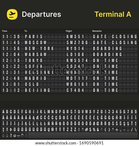 Airport departures board with useful characters