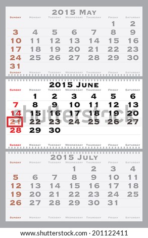 2015 june with red dating mark - current marked holiday is Father's Day - vector illustration