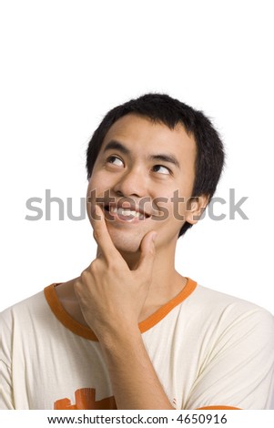 a man thinking of a happy moment over a white background