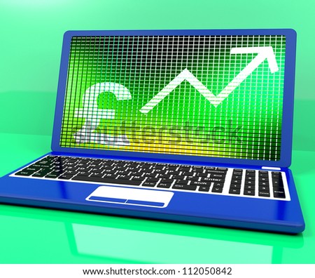 Pound Sign And Up Arrow On Laptop Shows Earnings Or Profit