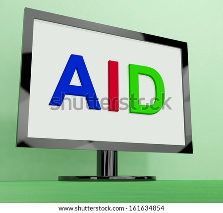 Aid On Monitor Showing Aiding Help Or Relief