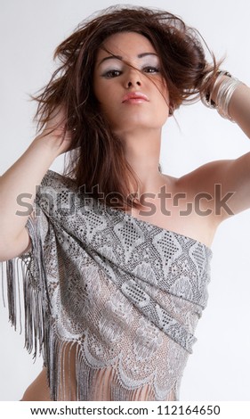 Sexy Model With Messy Hair in Shawl Top