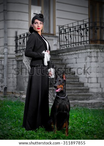 Young woman in ancient costume with dog (normal version)