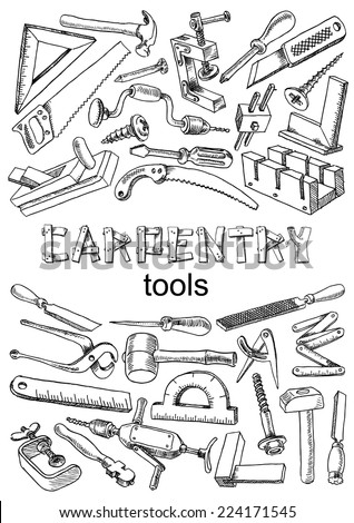 Set Of Tools For Carpentry Work. Images In The Freehand Drawing Style ...