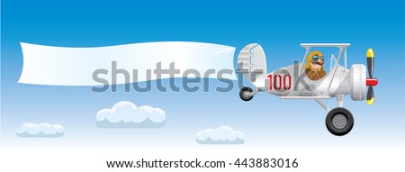 Aircraft in the cartoon style. Plane is flying against the blue sky. White blank banner for your text is tied to the tail unit of the aircraft. Vector illustration