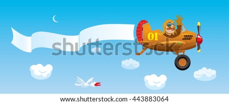 Aircraft in the cartoon style. Plane is flying against the blue sky.
The pilot welcomes us from the airplane's cockpit. White blank banner for your text is tied to the tail unit of the aircraft