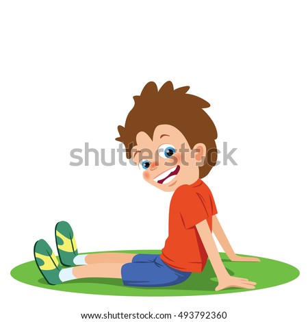 Boy who apparently tired to frolic and sat down to rest on the grass. Vector illustration
