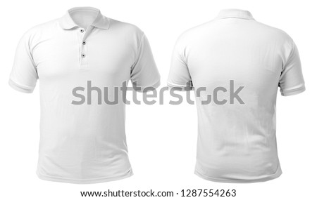 Blank collared shirt mock up template, front and back view, isolated on white, plain t-shirt mockup. Polo tee design presentation for print. Foto d'archivio © 