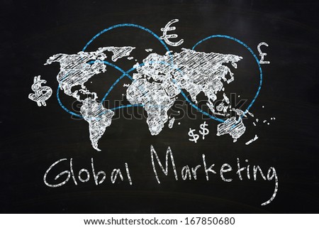 global marketing concept drawn with chalk on blackboard